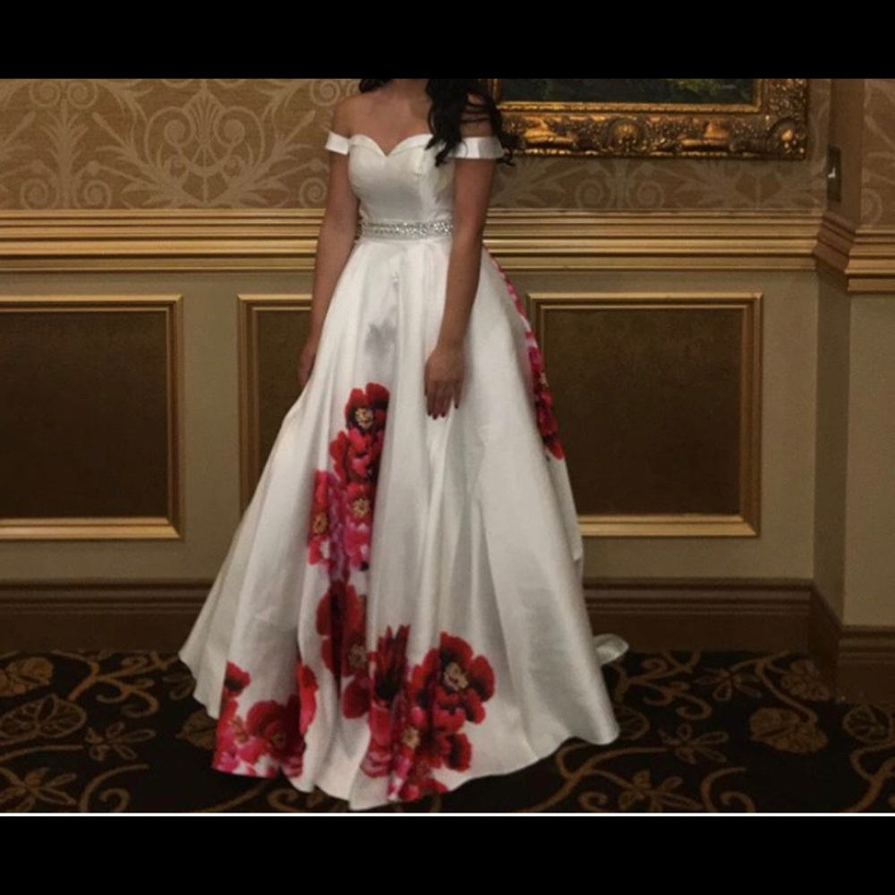 White off the shoulder dress with floral print